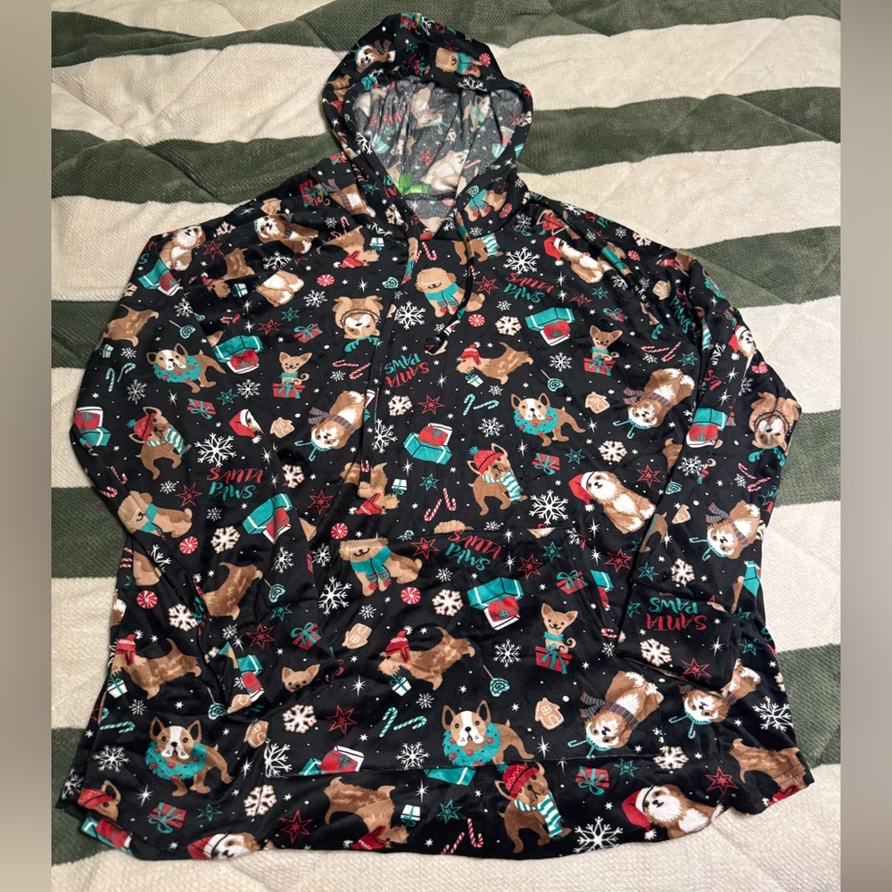 Festive Dog Print Hoodie, velvety soft pj top